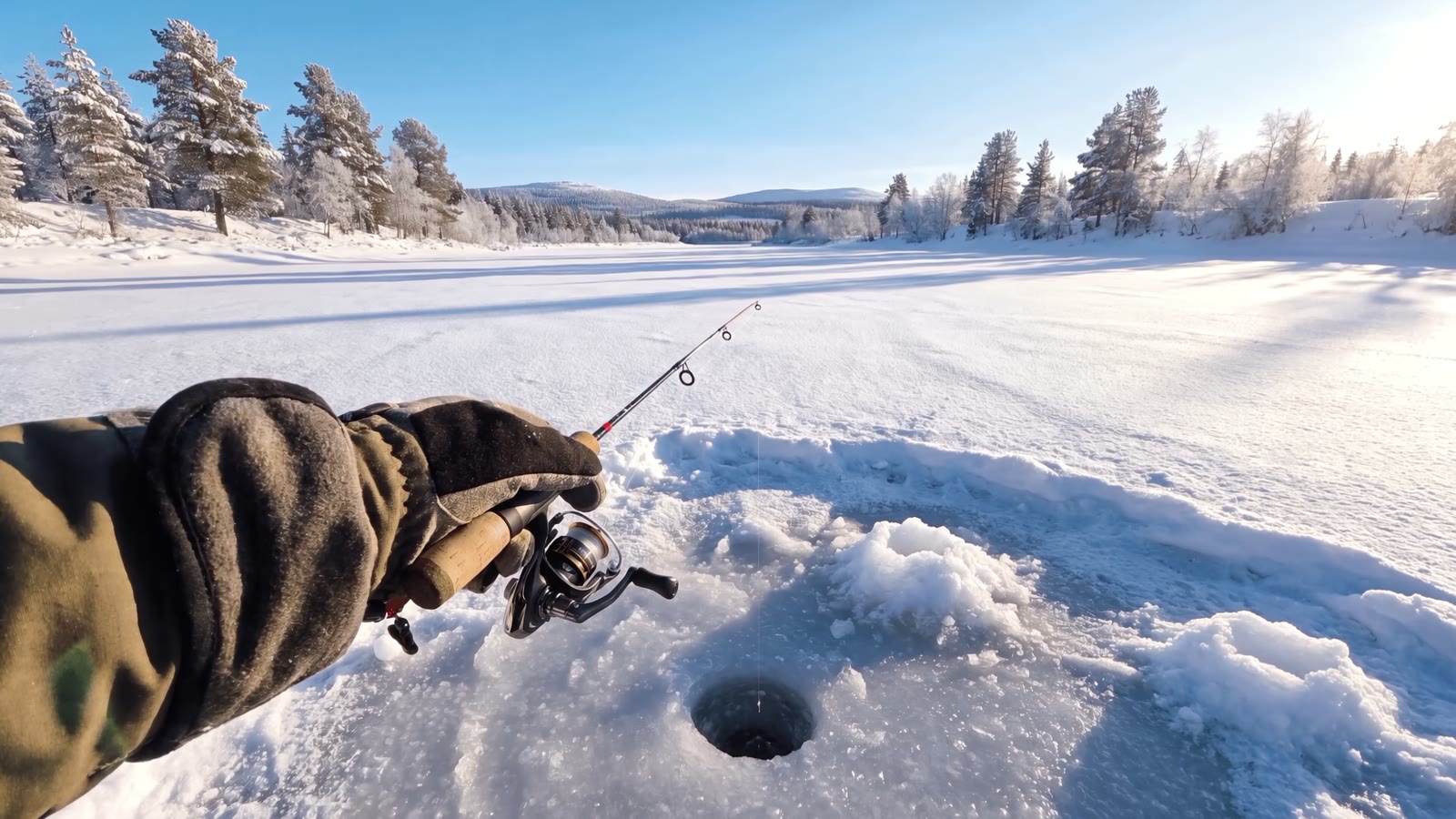 Ice fishing tents on a frozen Lapland lake